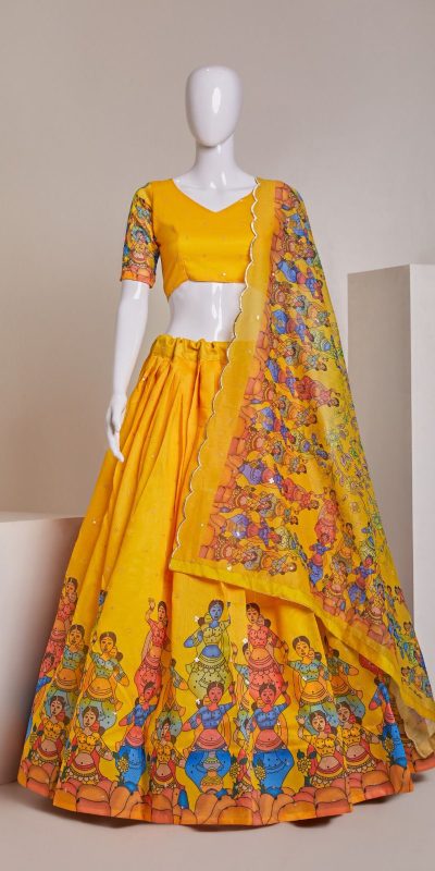 Nice Yellow Silk Embroidery Sequins Amazing Print Lehenga Choli