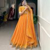 Pretty Mustard Color Georgette Print With Lace Border Lehenga Choli