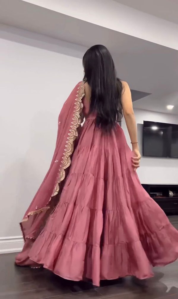 Pretty Peach Color Chinon Embroidery Sequence Anarkali Suit