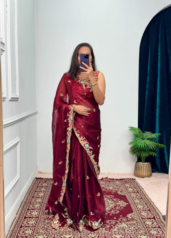 Pretty Red Color Burberry With Blooming Embroidery Saree