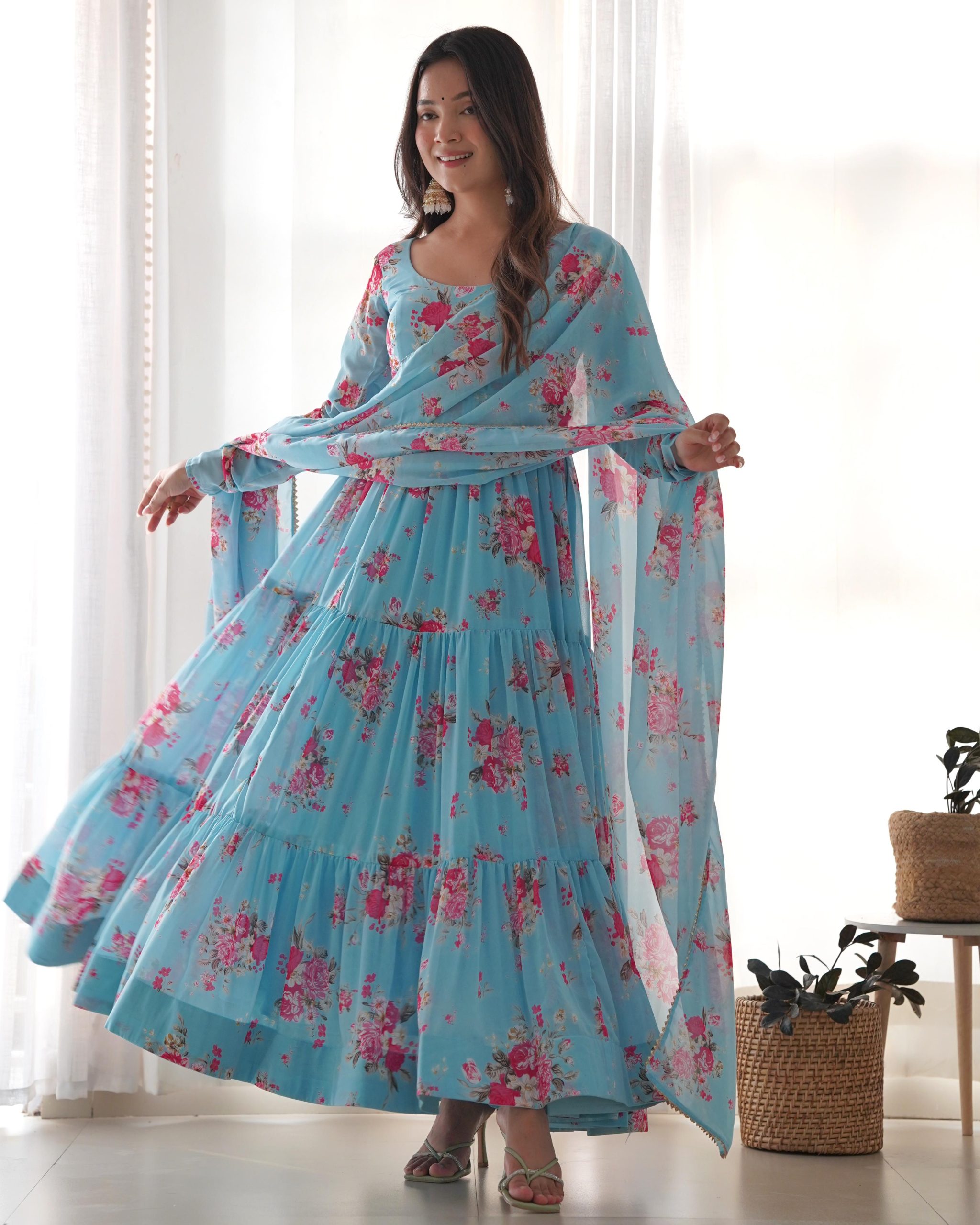 Sightly Blue Color Soft Faux Georgette Floral Printed Anarkali Suit