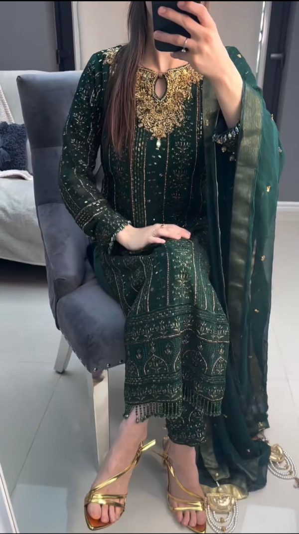 Sightly Green Color Georgette Embroidery Real Mirror Salwar Suit