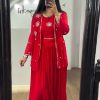 Stylish Red Color Georgette Embroidery With Shrug Lehenga Choli