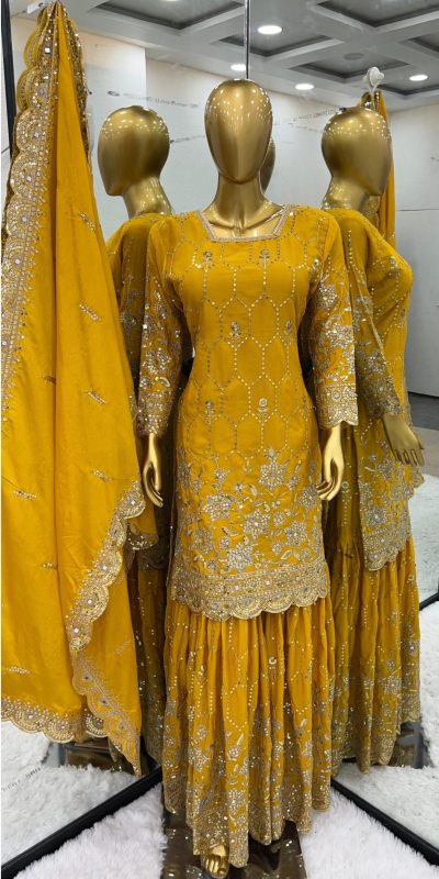 Stylish Yellow Color Chinnon Silk Embroidery Sharara Suit