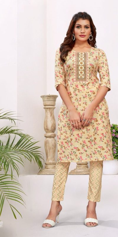 Sublime Cream Color Cambric Cotton Print Embroidery Work Kurti
