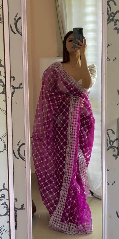 Sublime Purple Color Organza Embroidery Thread Saree