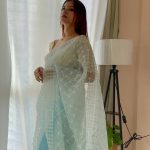 Sublime Sky Blue Color Organza Embroidery Thread Work Saree