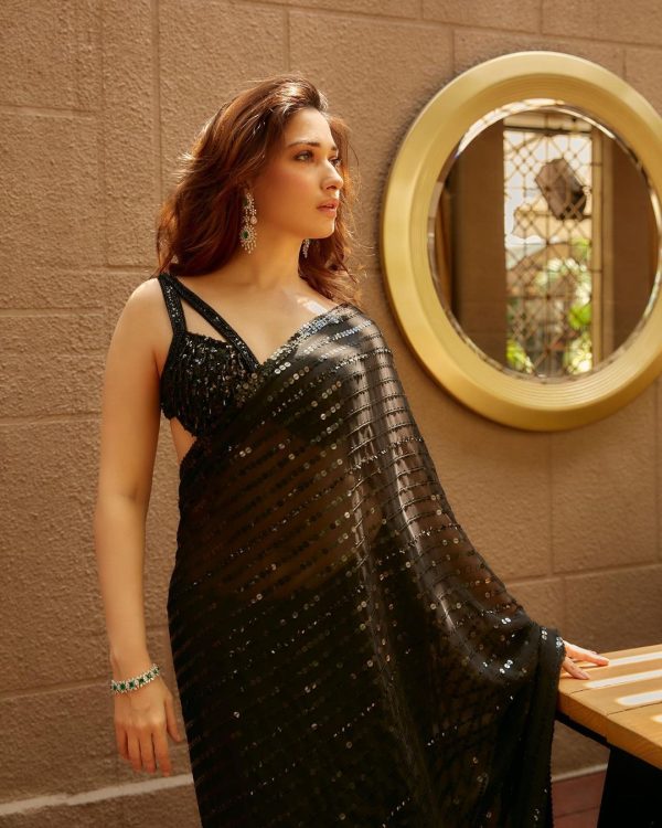 Tamannah Bhatia Black Color Georgette Embroidery Thread Saree