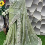 Aglow Pista Green Jimi Choo Silk Beautiful Embroidery Saree