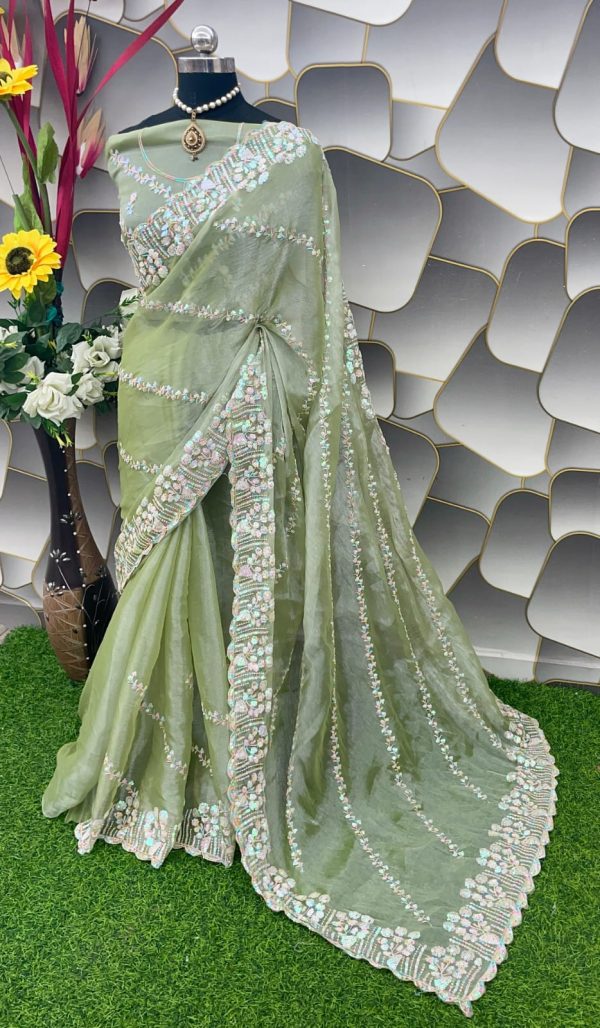 Aglow Pista Green Jimi Choo Silk Beautiful Embroidery Saree