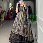 Classic Black Color Tussar Silk Floral Print With Foil Print Gown