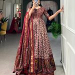 Classic Maroon Color Tussar Silk Floral Print With Foil Print Gown
