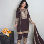 Elegant Coffee Color Pure Chinnon Silk Embroidery Salwar Suit