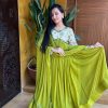 Luminous Green Color Fox Georgette Position Print Work Gown