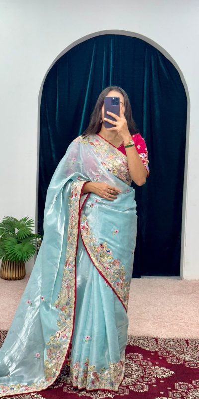 Pretty Blue Color Jimmy Choo Embroidery Sequins Saree