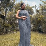 Stylish Cement Color Georgette Fancy Sequence Work Saree