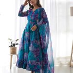 Superb Blue Color Tabby Silk Organza Digital Printed Anarkali Suit