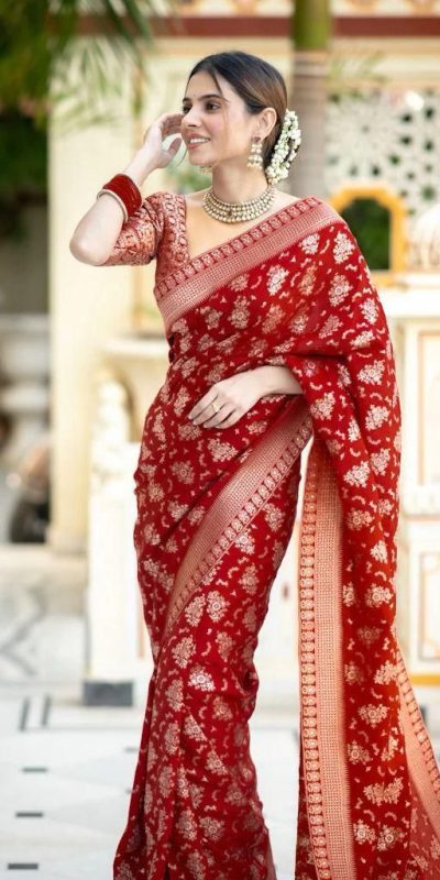 KP 5079 Red Color Soft Lichi Silk Jacquard On All Over Saree Casual, Party Wear, Wedding, Events Etc. Expected Delivery 4-6 Working Days @1449/- | Sarees, Bollywood Sarees, Creative Sarees, Designer Sarees, Embroidered Sarees, Ethnic Saree, Modern Digital sarees, Party Wear Sarees