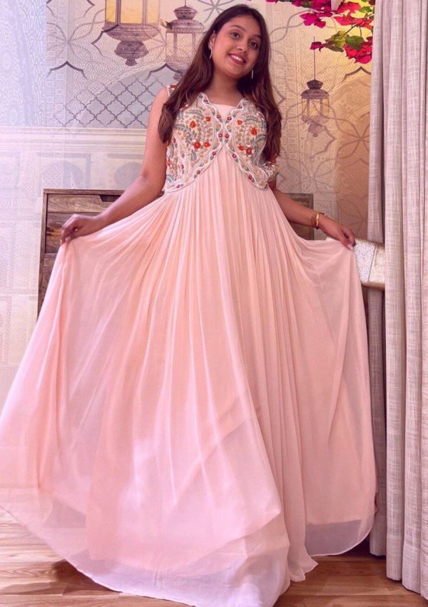 Aglow Pink Color Georgette Embroidery Dori And Multi Gown