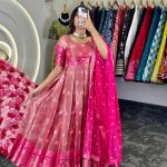 Aglow Pink Color Kota Silk Weaving Jacquard Gown