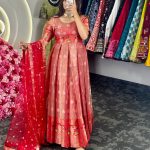 Aglow Red Color Kota Silk Weaving Jacquard Gown