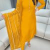 Aglow Yellow Chinnon Silk Embroidery Coding Dori Salwar Suit