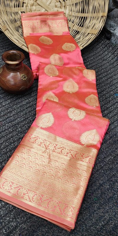Dazzling Salmon Color Organza Silk Beautiful Gold Zari Saree