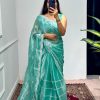 Fancy Light Blue Color Burberry Blooming Embroidery Zari Saree