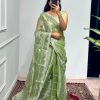 Fancy Pista Green Color Burberry Blooming Embroidery Zari Saree
