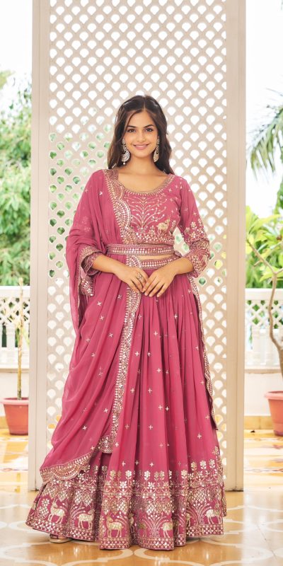 Fancy Raspberry Georgette Embroidery Sequence Lehenga Choli