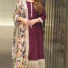 Fancy Wine Color Chinnon Silk Embroidery Sequence Gown