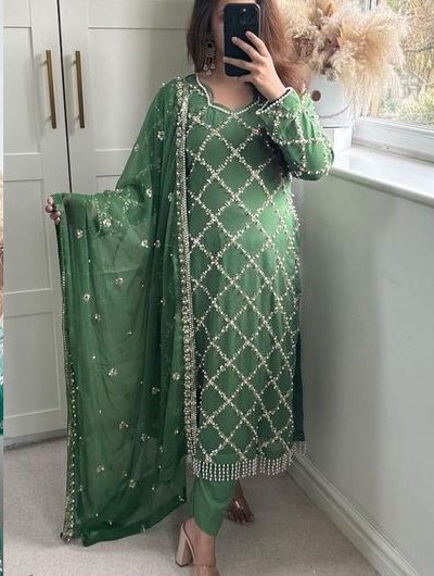Grand Dark Green Georgette Embroidered Hand Work Salwar Suit