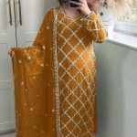 Grand Mustard Georgette Embroidered Hand Work Salwar Suit