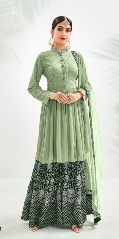 Latest Pista Green Color Georgette Embroidery Work Sharara Suit