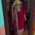 Majestic Red Color Chinon Silk Embroidery Work Sharara Suit