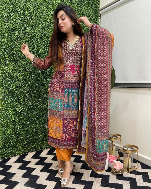 Nice Mustard Color Maslin Printed Real Mirror Work Salwar Suit