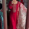Peaceful Red Color Chinnon Silk Embroidery Sharara Suit