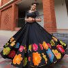 Stylish Black Color Pure Cotton Printed Mirror Work Lehenga Choli