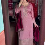 Superb Peach Color Chinnon Silk Embroidery Work Salwar Suit