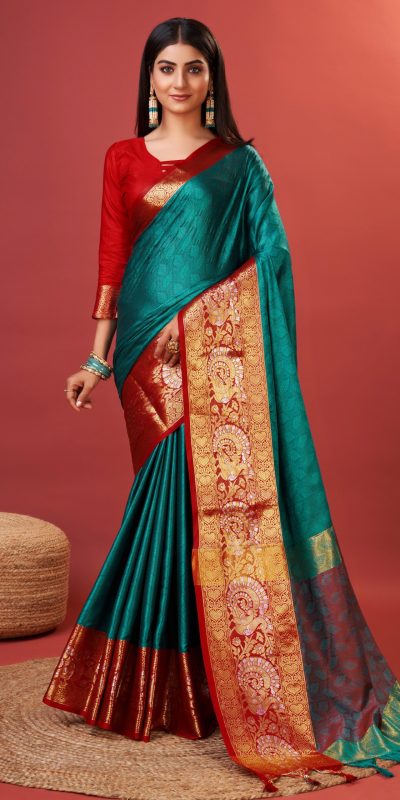 Superb Peacock Green Color Rich Cotton Jacquard Silk Saree
