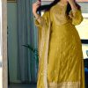 Superb Yellow Color Chinnon Silk Embroidery Salwar Suit