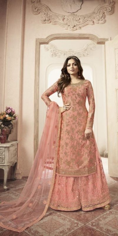 FC L.t 5401 Peach Color Jacquard Silk Georgette Diamond Sharara Suit Wedding, Party, Festive Expected Delivery 4-6 Working Days  @2999/- | Jump Suits, Salwar suit, Designer Suits, Casual Suits, Creative suits, Palazzo Suits, Party Wear Suits, Patiala Suits, Straight Suits