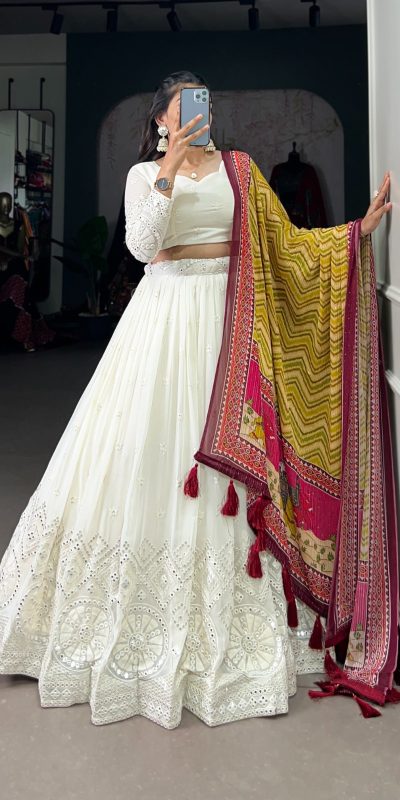 LNB 1500 White Color Georgette Lucknowi Paper Mirror Lehenga Choli Festive Party Wedding, Events etc. Delivery 4-6 Working Days @3499/- | Lehenga, Bollywood Lehenga, Creative Lehenga, Designer Lehenga, Embroidered Lehenga, Party Wear Lehenga