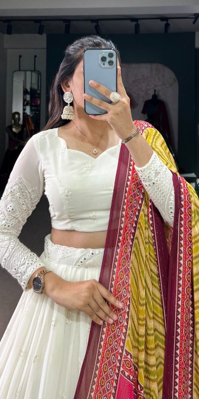 LNB 1500 White Color Georgette Lucknowi Paper Mirror Lehenga Choli Festive Party Wedding, Events etc. Delivery 4-6 Working Days @3499/- | Lehenga, Bollywood Lehenga, Creative Lehenga, Designer Lehenga, Embroidered Lehenga, Party Wear Lehenga