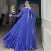 Classic Blue Color Georgette Printed Weaving Work Gown