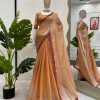 Dazzling Coral Color Burberry Silk Thread Sequence Saree