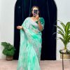 Fancy Blue Color Burberry Blooming Embroidery Zari Saree