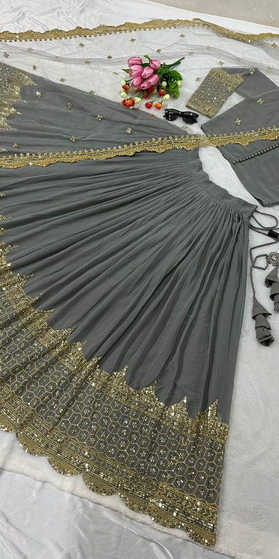 Fancy Cement Color Georgette Embroidery Lehenga Choli