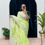 Fancy Green Color Burberry Blooming Zari Embroidery Saree