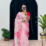 Fancy Pink Color Burberry Blooming Zari Embroidery Saree